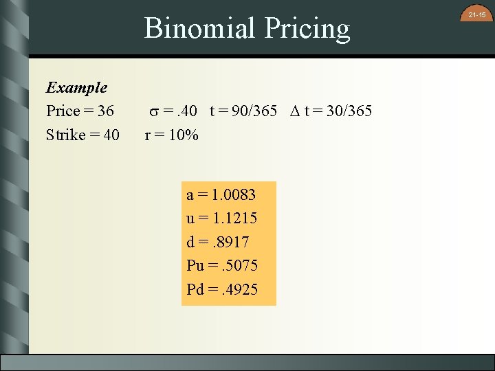 Binomial Pricing Example Price = 36 Strike = 40 s =. 40 t =