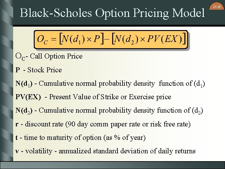 Black-Scholes Option Pricing Model OC- Call Option Price P - Stock Price N(d 1)