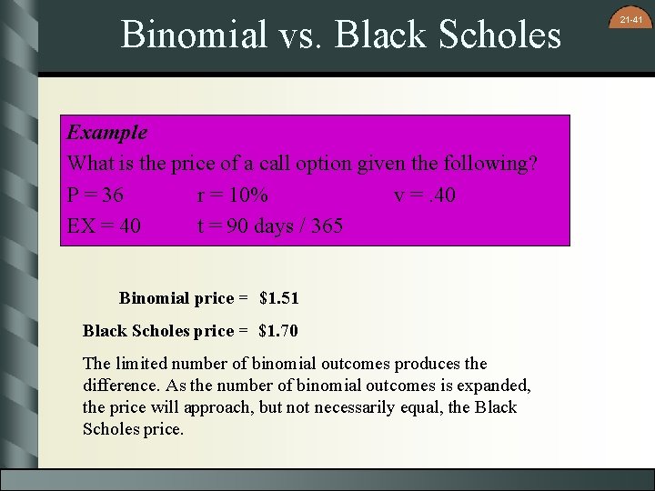 Binomial vs. Black Scholes Example What is the price of a call option given