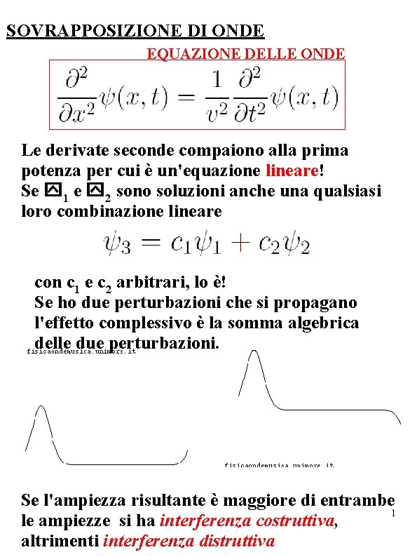 SOVRAPPOSIZIONE DI ONDE EQUAZIONE DELLE ONDE Le derivate seconde compaiono alla prima potenza per