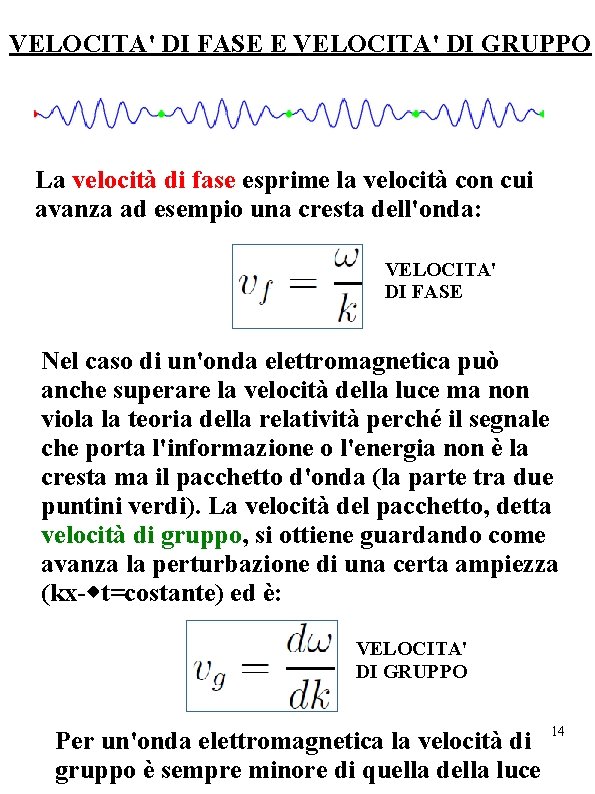 VELOCITA' DI FASE E VELOCITA' DI GRUPPO La velocità di fase esprime la velocità