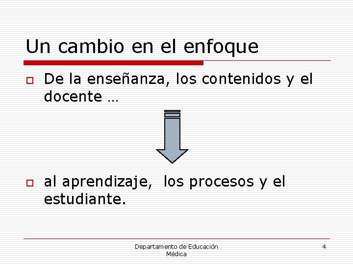 Un cambio en el enfoque o o De la enseñanza, los contenidos y el