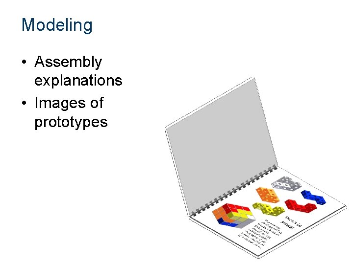 Modeling • Assembly explanations • Images of prototypes 