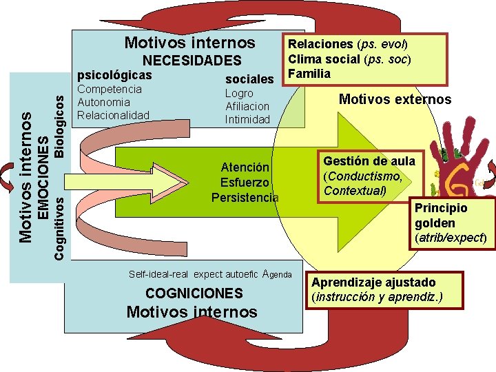 Motivos internos NECESIDADES Biologicos Cognitivos EMOCIONES Motivos internos psicológicas Competencia Autonomia Relacionalidad sociales Logro