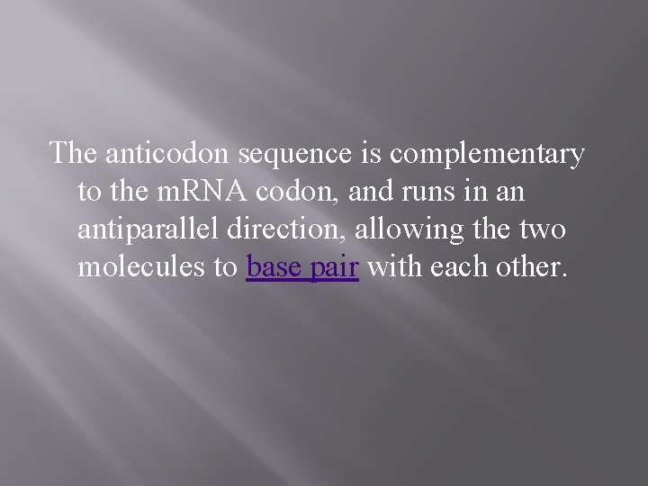 The anticodon sequence is complementary to the m. RNA codon, and runs in an