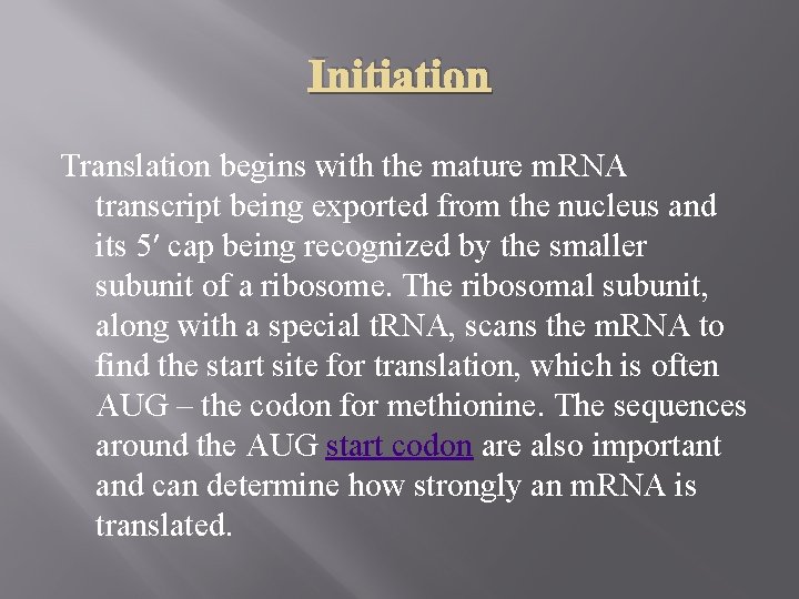 Initiation Translation begins with the mature m. RNA transcript being exported from the nucleus