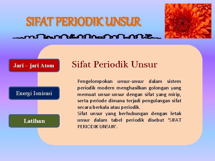 SIFAT PERIODIK UNSUR Jari – jari Atom Energi Ionisasi Latihan Sifat Periodik Unsur Pengelompokan