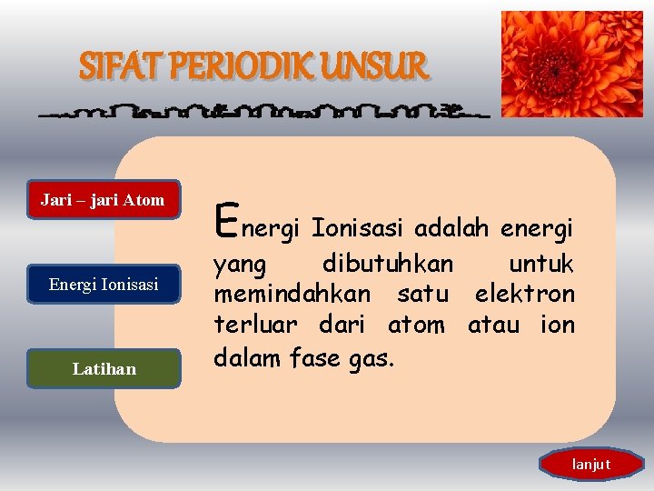 SIFAT PERIODIK UNSUR Jari – jari Atom Energi Ionisasi Latihan Energi Ionisasi adalah energi
