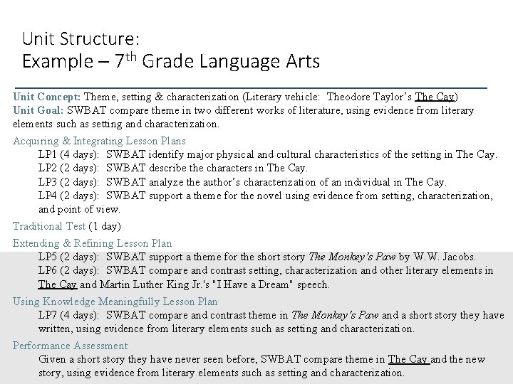 Unit Structure: Example – 7 th Grade Language Arts Unit Concept: Theme, setting &