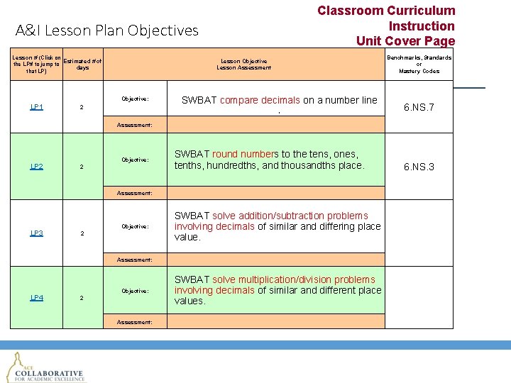 Classroom Curriculum Instruction Unit Cover Page A&I Lesson Plan Objectives Lesson # (Click on