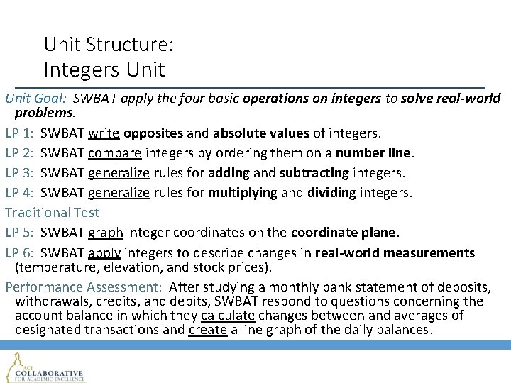 Unit Structure: Integers Unit Goal: SWBAT apply the four basic operations on integers to