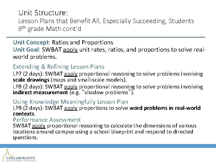 Unit Structure: Lesson Plans that Benefit All, Especially Succeeding, Students 8 th grade Math