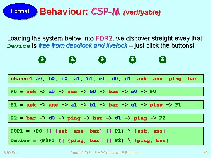 Formal Behaviour: CSP-M (verifyable) Loading the system below into FDR 2, we discover straight