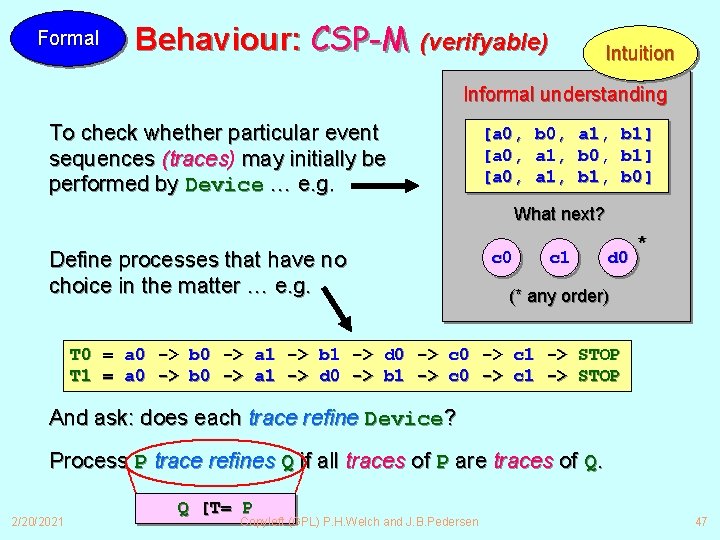 Formal Behaviour: CSP-M (verifyable) Intuition Informal understanding To check whether particular event sequences (traces)