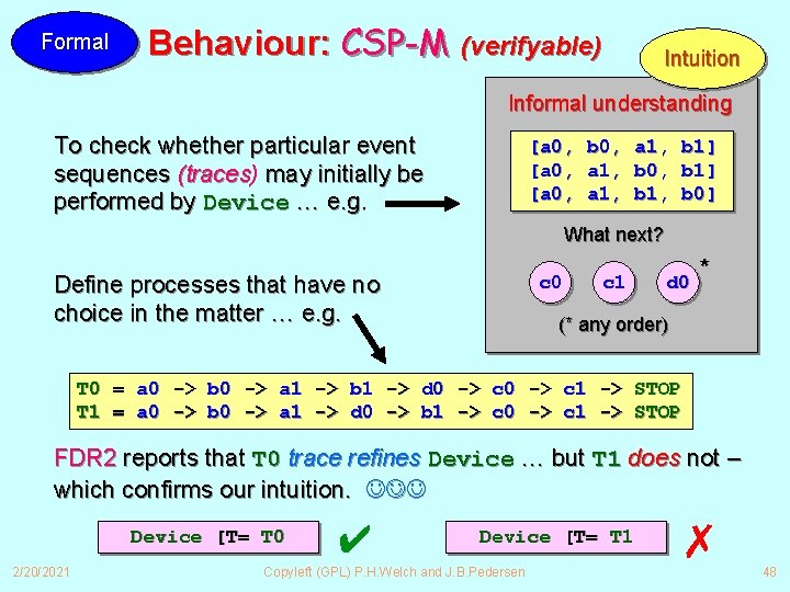 Formal Behaviour: CSP-M (verifyable) Intuition Informal understanding To check whether particular event sequences (traces)