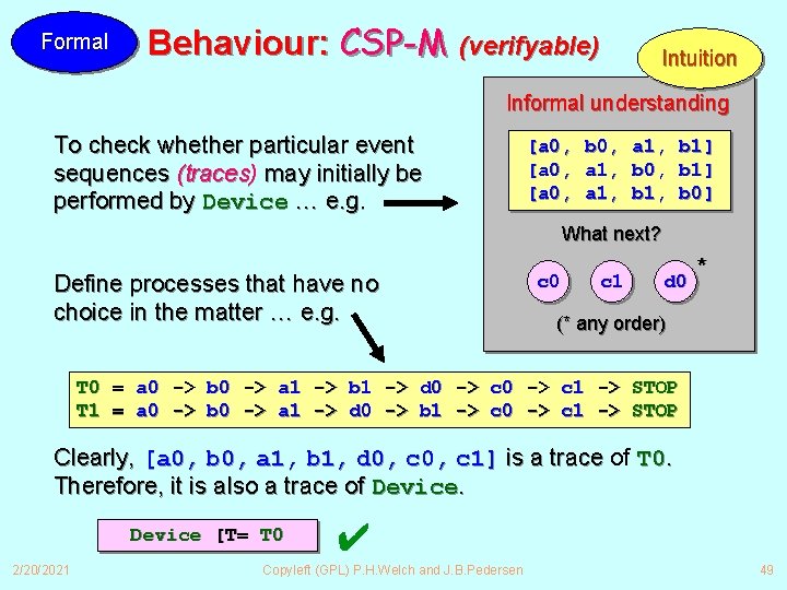 Formal Behaviour: CSP-M (verifyable) Intuition Informal understanding To check whether particular event sequences (traces)