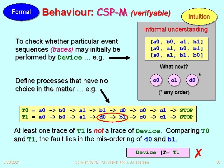 Formal Behaviour: CSP-M (verifyable) Intuition Informal understanding To check whether particular event sequences (traces)