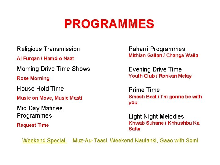 PROGRAMMES Religious Transmission Al Furqan / Hamd-o-Naat Paharri Programmes Mithian Gallan / Changa Waila