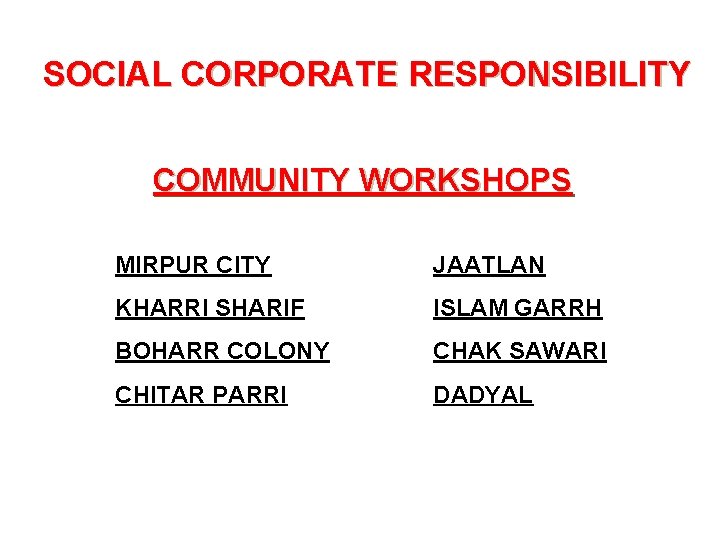 SOCIAL CORPORATE RESPONSIBILITY COMMUNITY WORKSHOPS MIRPUR CITY JAATLAN KHARRI SHARIF ISLAM GARRH BOHARR COLONY