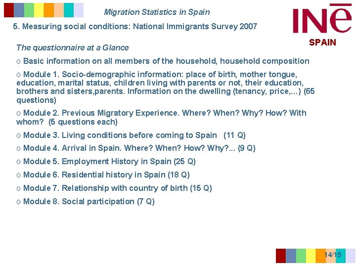 Migration Statistics in Spain 5. Measuring social conditions: National Immigrants Survey 2007 The questionnaire