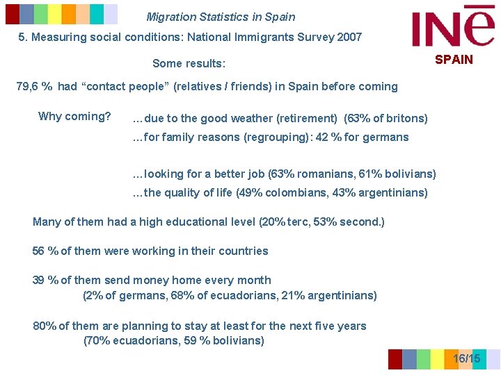 Migration Statistics in Spain 5. Measuring social conditions: National Immigrants Survey 2007 Some results: