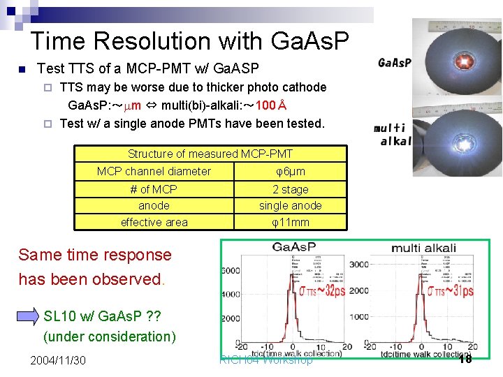 Time Resolution with Ga. As. P n Test TTS of a MCP-PMT w/ Ga.