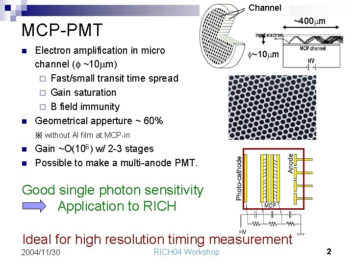 Channel ~400 mm MCP-PMT n n Electron amplification in micro channel (f ~10 mm)