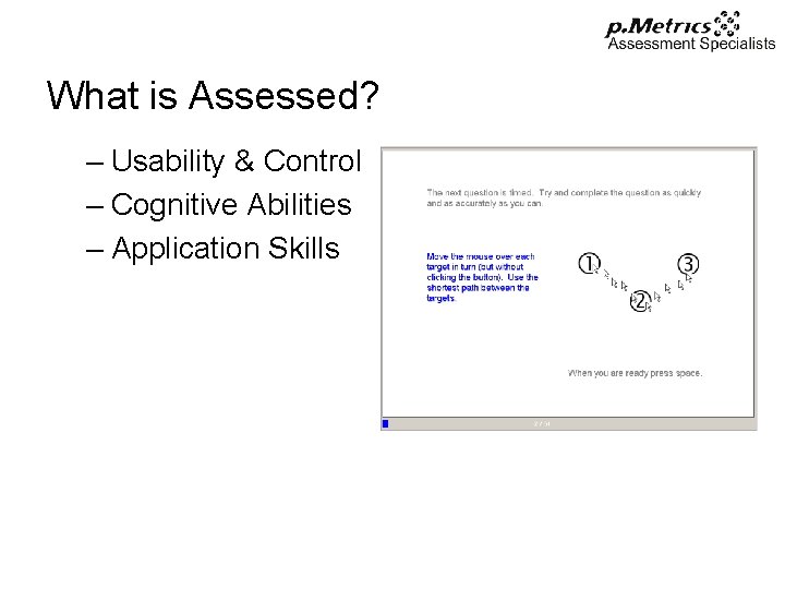 What is Assessed? – Usability & Control – Cognitive Abilities – Application Skills 