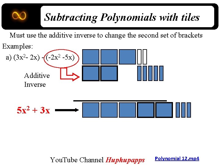 Subtracting Polynomials with tiles Must use the additive inverse to change the second set