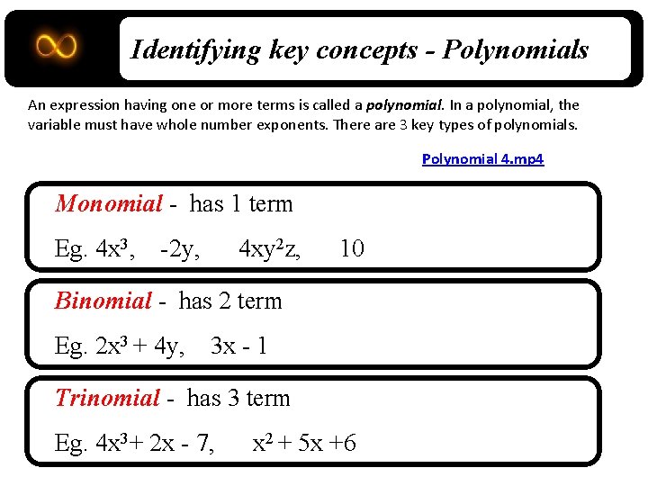 Identifying key concepts - Polynomials An expression having one or more terms is called