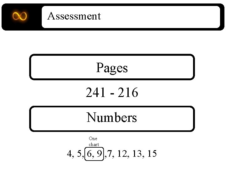 Assessment Pages 241 - 216 Numbers One chart 4, 5, 6, 9 , 7,