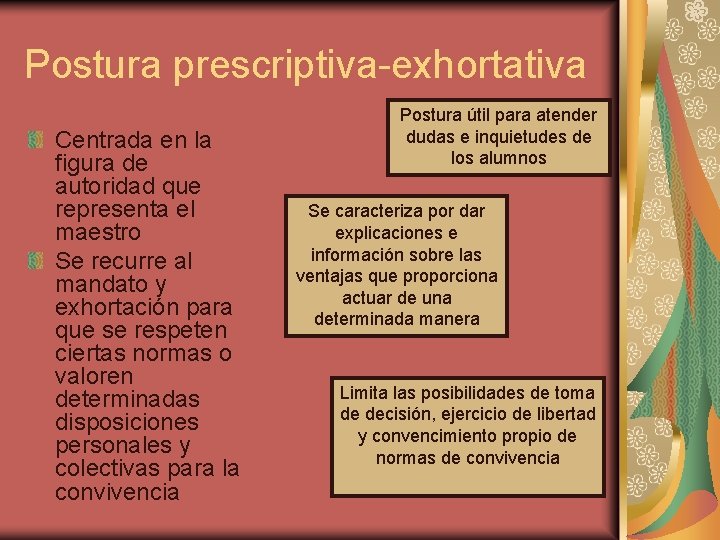 Postura prescriptiva-exhortativa Centrada en la figura de autoridad que representa el maestro Se recurre Postura prescriptiva-exhortativa Centrada en la figura de autoridad que representa el maestro Se recurre
