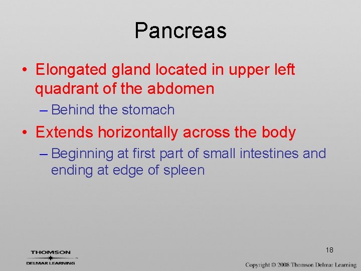 Pancreas • Elongated gland located in upper left quadrant of the abdomen – Behind