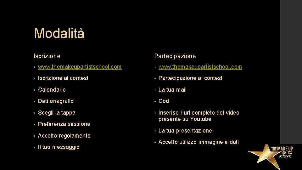 Modalità Iscrizione Partecipazione • www. themakeupartistschool. com • Iscrizione al contest • Partecipazione al