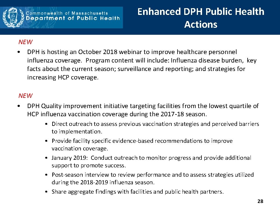 Enhanced DPH Public Health Actions NEW • DPH is hosting an October 2018 webinar