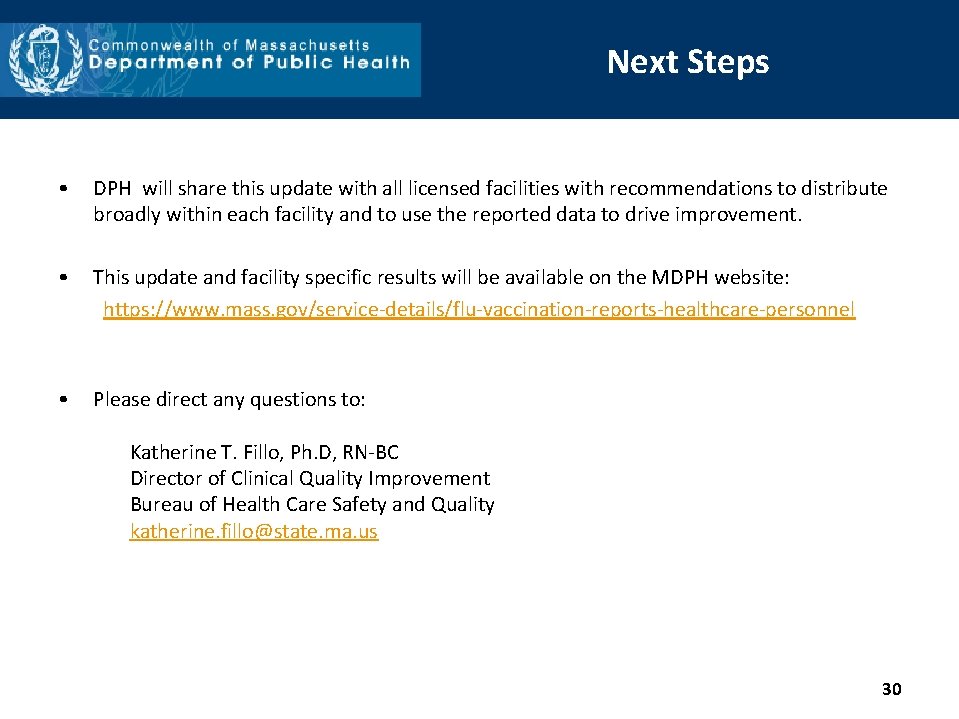 Next Steps • DPH will share this update with all licensed facilities with recommendations