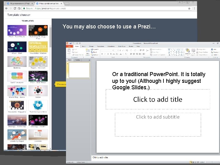 You may also choose to use a Prezi… Or a traditional Power. Point. It