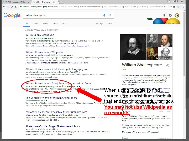 When using Google to find sources, you must find a website that ends with.