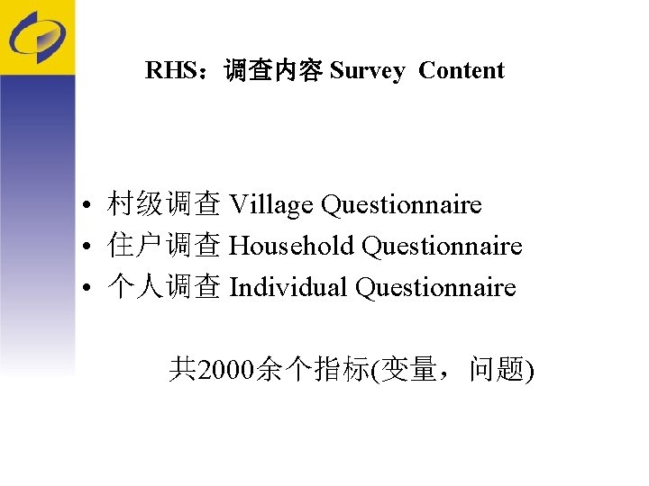 RHS：调查内容 Survey Content • 村级调查 Village Questionnaire • 住户调查 Household Questionnaire • 个人调查 Individual