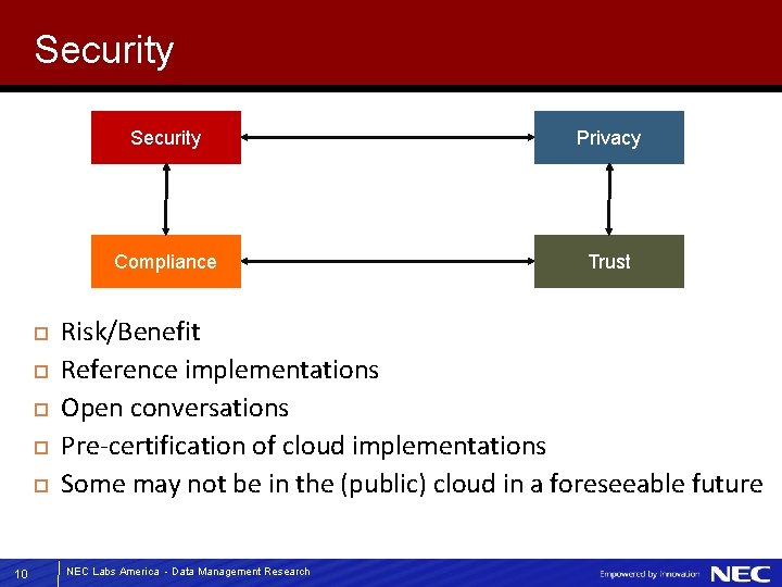 Security 10 Security Privacy Compliance Trust Risk/Benefit Reference implementations Open conversations Pre-certification of cloud