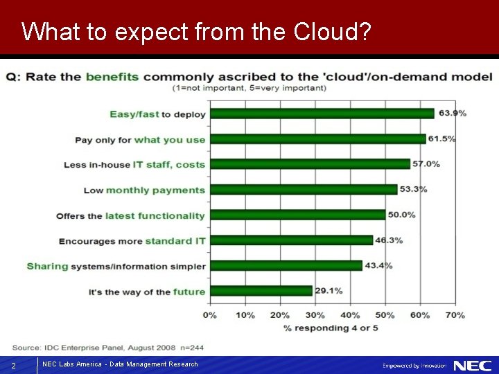 What to expect from the Cloud? 2 NEC Labs America - Data Management Research