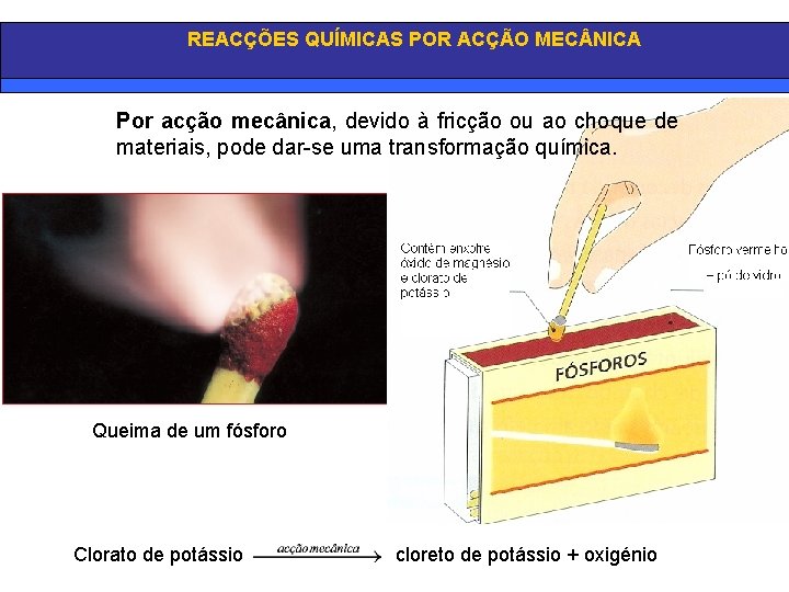 REACÇÕES QUÍMICAS POR ACÇÃO MEC NICA Por acção mecânica, devido à fricção ou ao