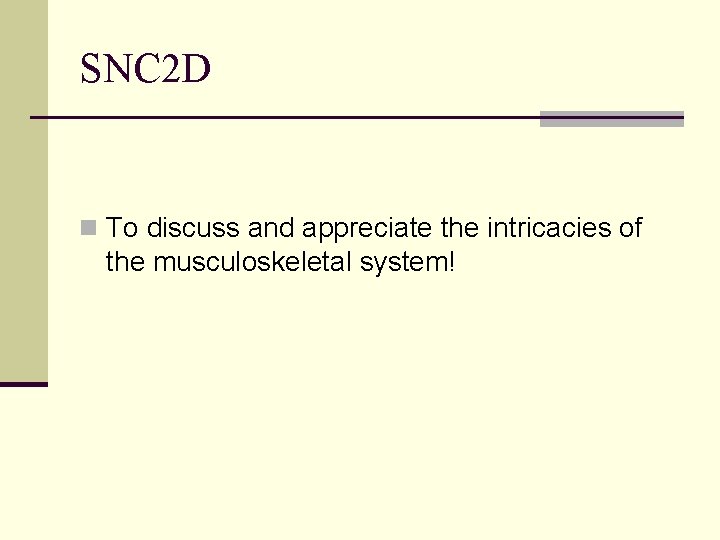 SNC 2 D n To discuss and appreciate the intricacies of the musculoskeletal system!
