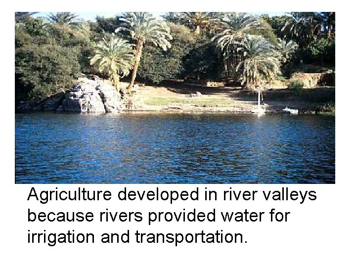 Agriculture developed in river valleys because rivers provided water for irrigation and transportation. 