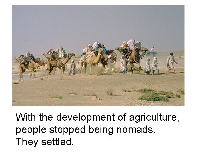 With the development of agriculture, people stopped being nomads. They settled. 