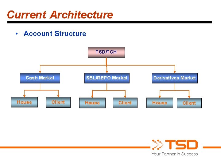 Current Architecture • Account Structure TSD/TCH Cash Market House Client SBL/REPO Market House Client