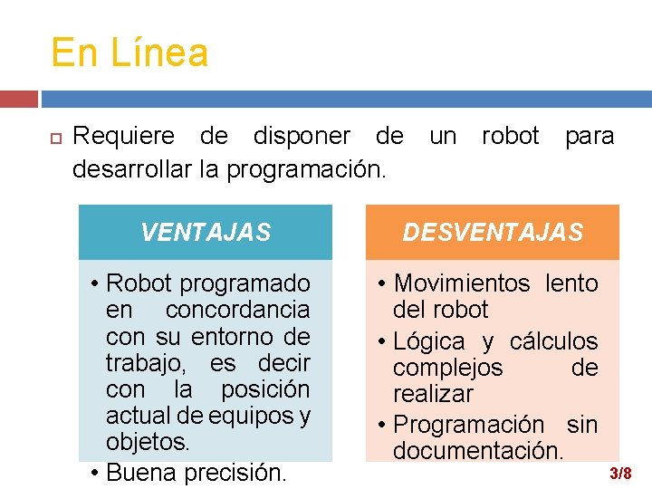 En Línea Requiere de disponer de un robot para desarrollar la programación. VENTAJAS DESVENTAJAS