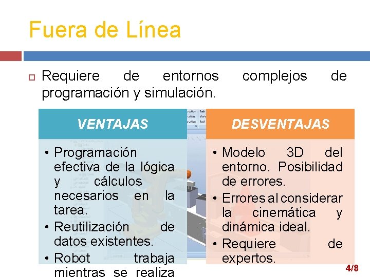 Fuera de Línea Requiere de entornos programación y simulación. complejos de VENTAJAS DESVENTAJAS •