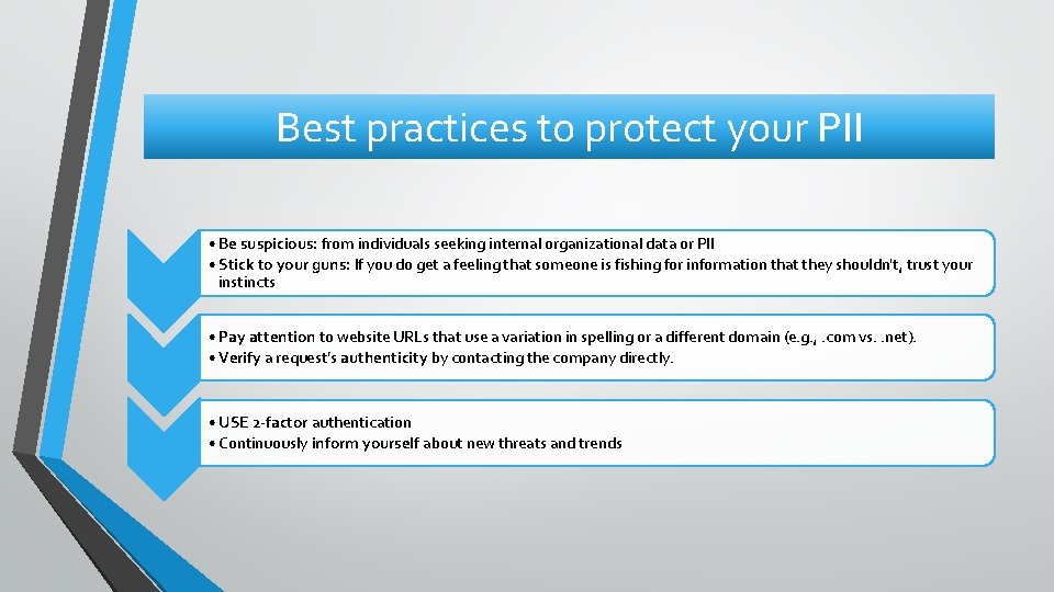 Best practices to protect your PII • Be suspicious: from individuals seeking internal organizational