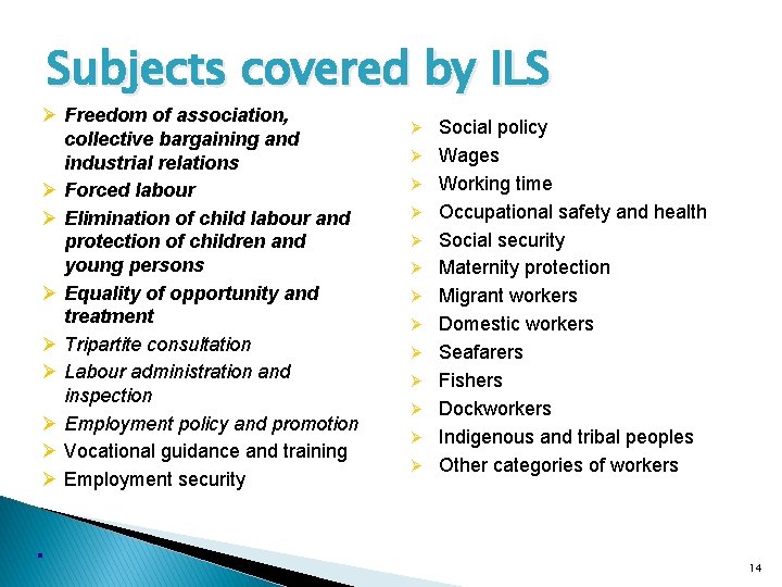 Subjects covered by ILS Ø Freedom of association, collective bargaining and industrial relations Ø